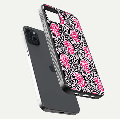 Crimson Paisley Charm Glass Case for iPhone 15 Plus floating mockup showing gloss shine and texture clarity
