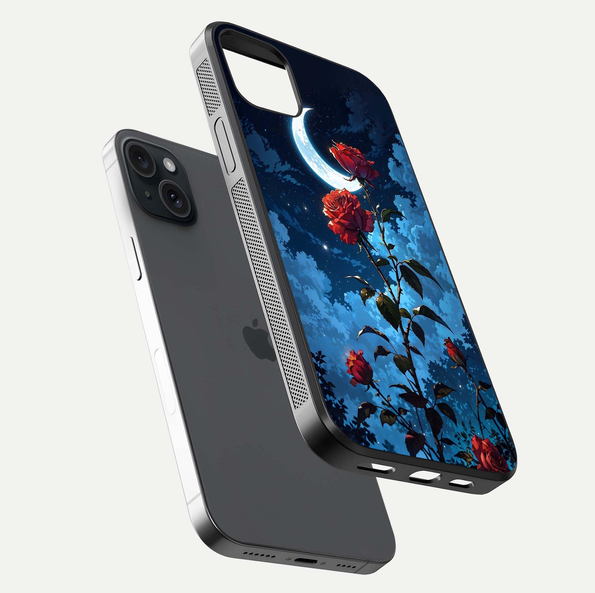 Crimson Rose Moon Glass Case for iPhone 15 Plus floating mockup showing HD shine and elegant contrast