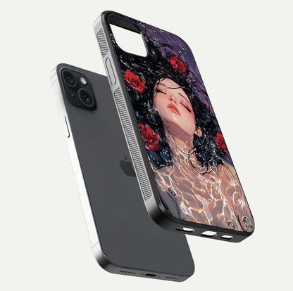 Crimson Rose Serenity Glass Case for iPhone 15 Plus floating mockup showing HD gloss and floral texture