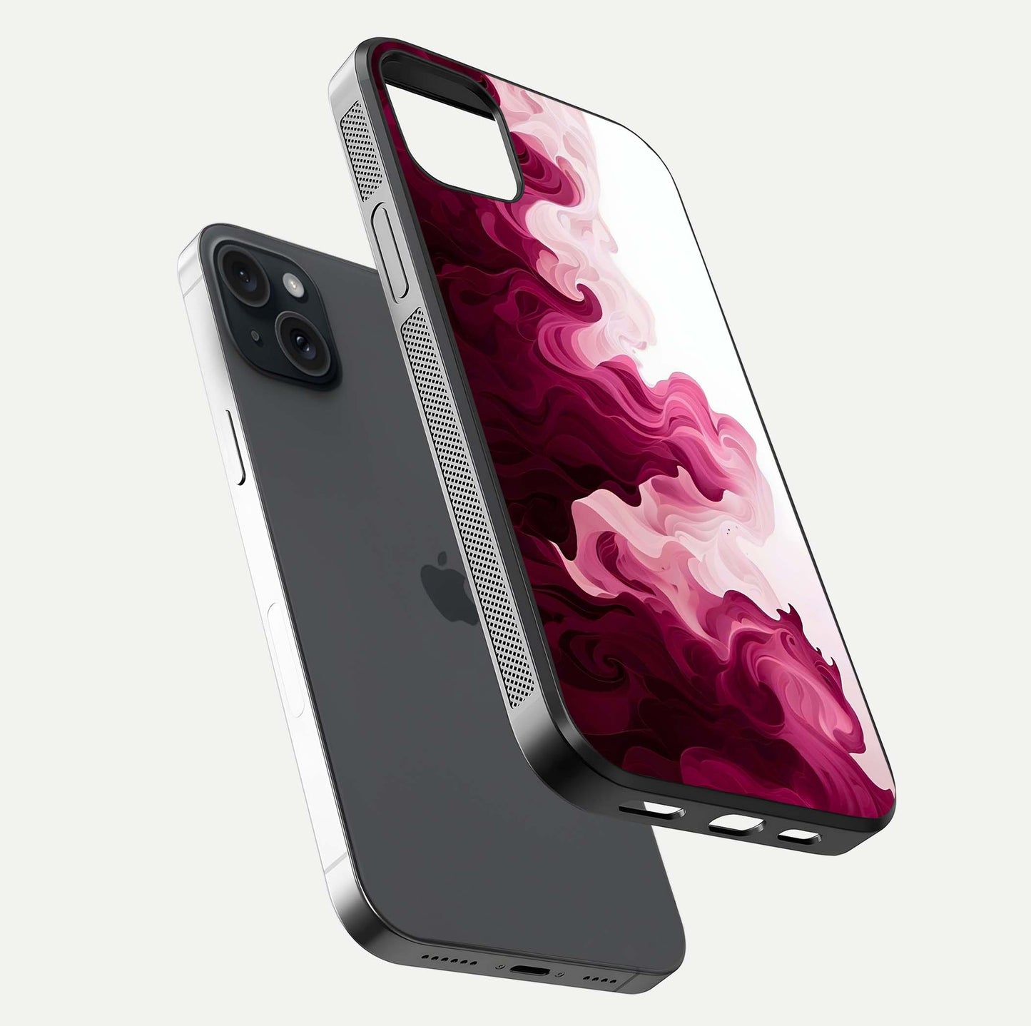 Crimson Wave Flow Glass Case for iPhone 15 Plus floating mockup showing gloss shine and smooth edge