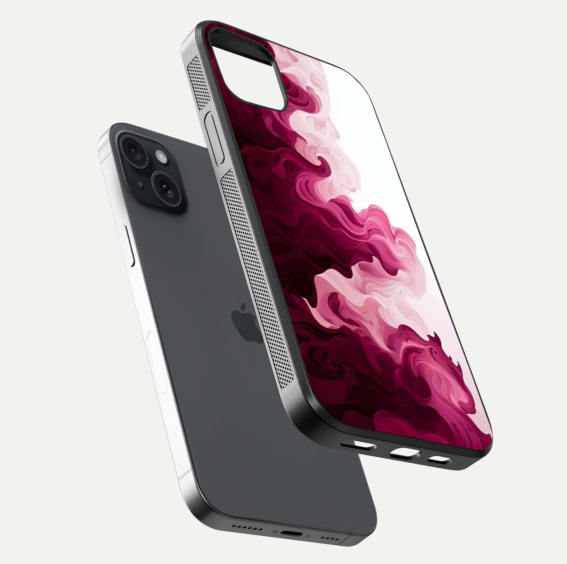 Crimson Wave Flow Glass Case for iPhone 15 Plus floating mockup showing gloss shine and smooth edge