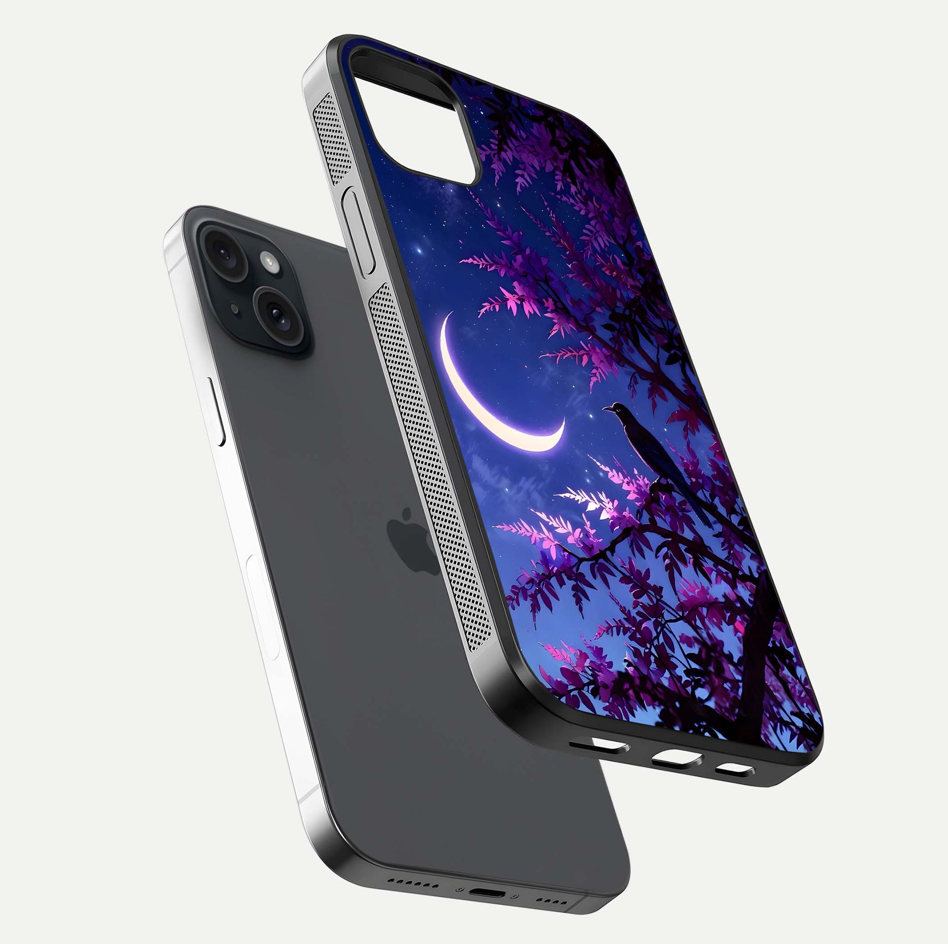 Crow & Moon Scenery Glass Case for iPhone 15 Plus floating mockup showing HD gloss texture and soft moonlight glow