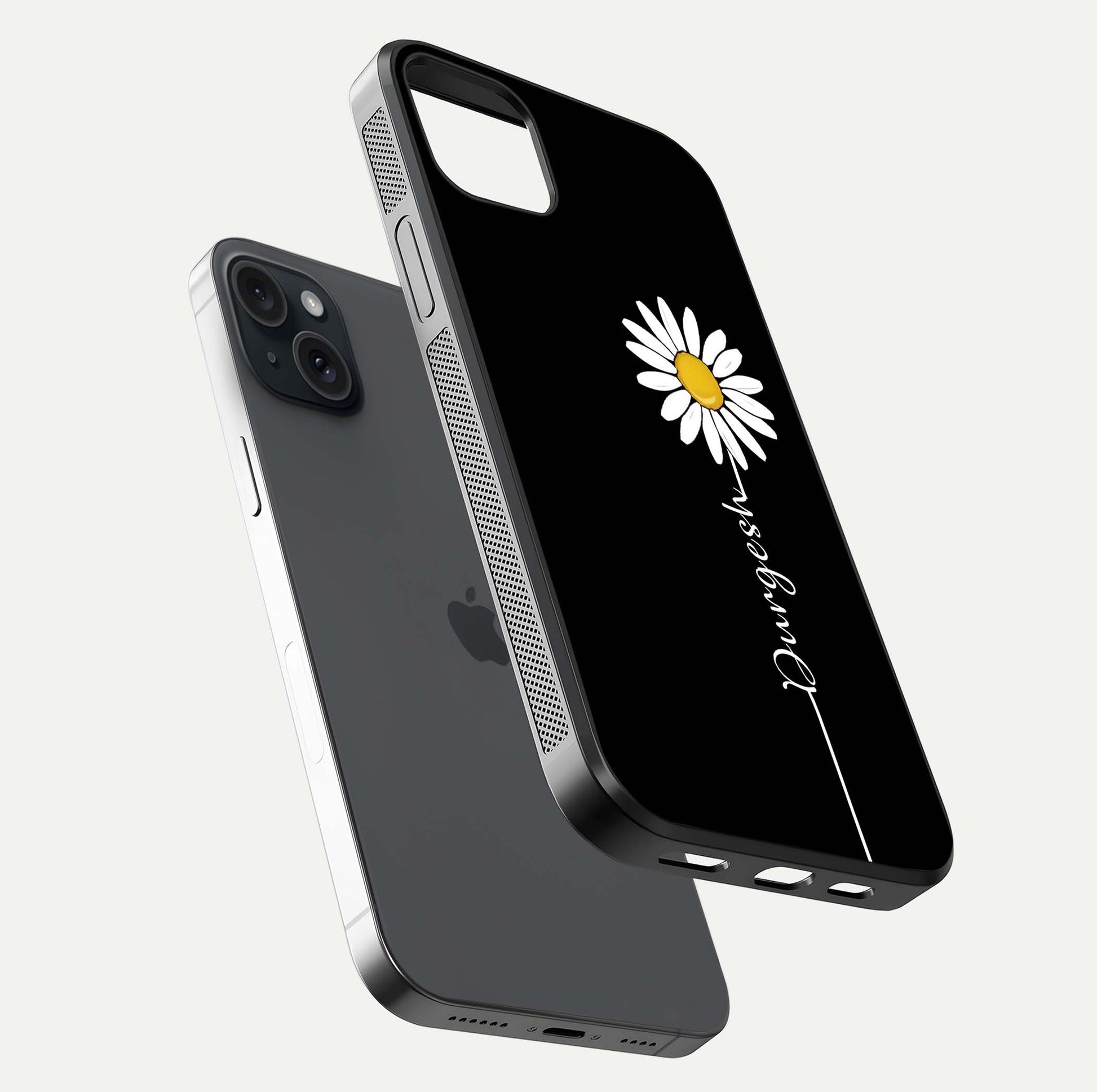 Custom Name White Flower Glass Case for iPhone 15 Plus floating mockup displaying HD gloss and delicate texture
