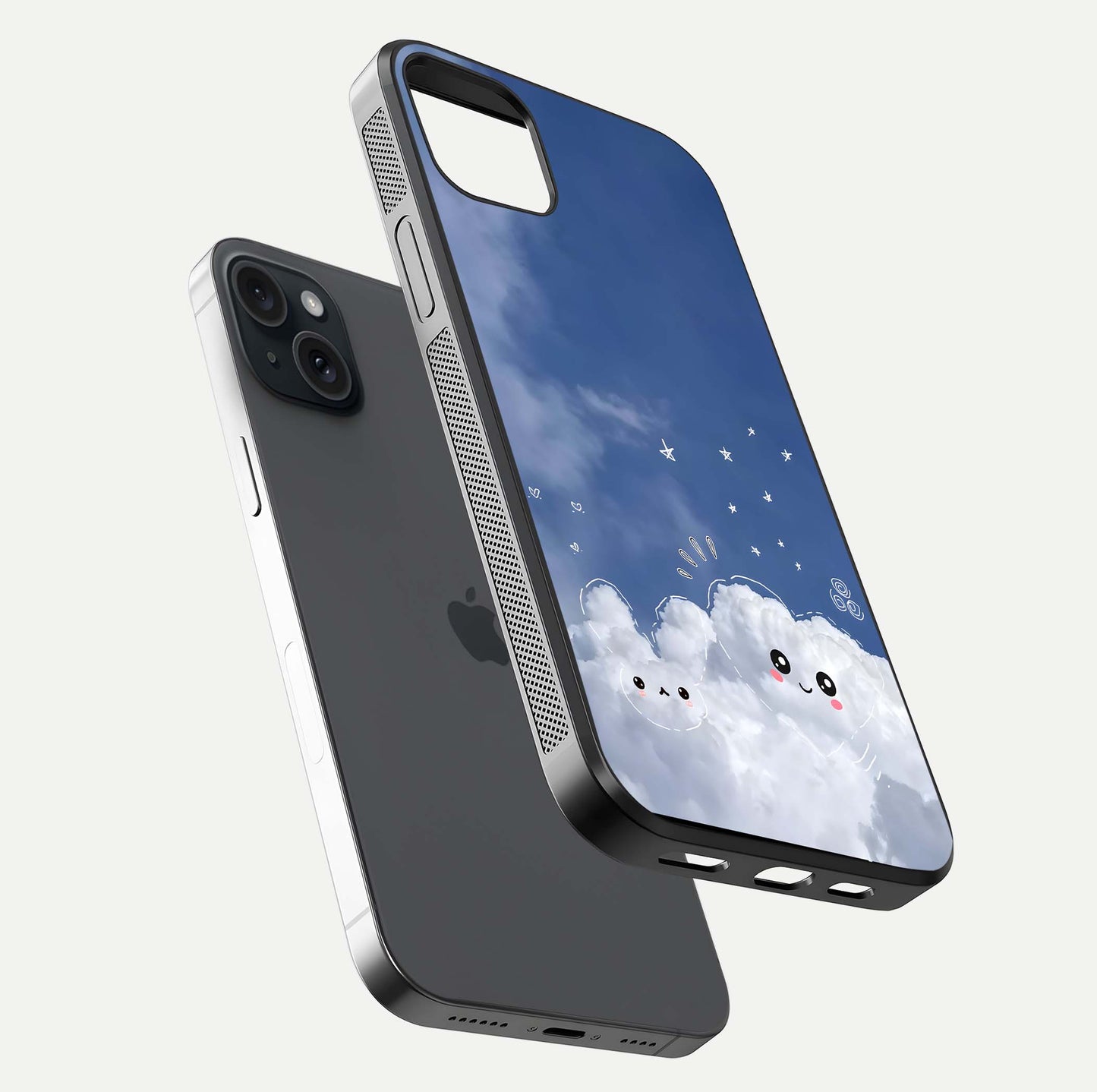 Cute Blossom Cloud Glass Case for iPhone 15 Plus floating mockup showing HD shine and soft gradient finish