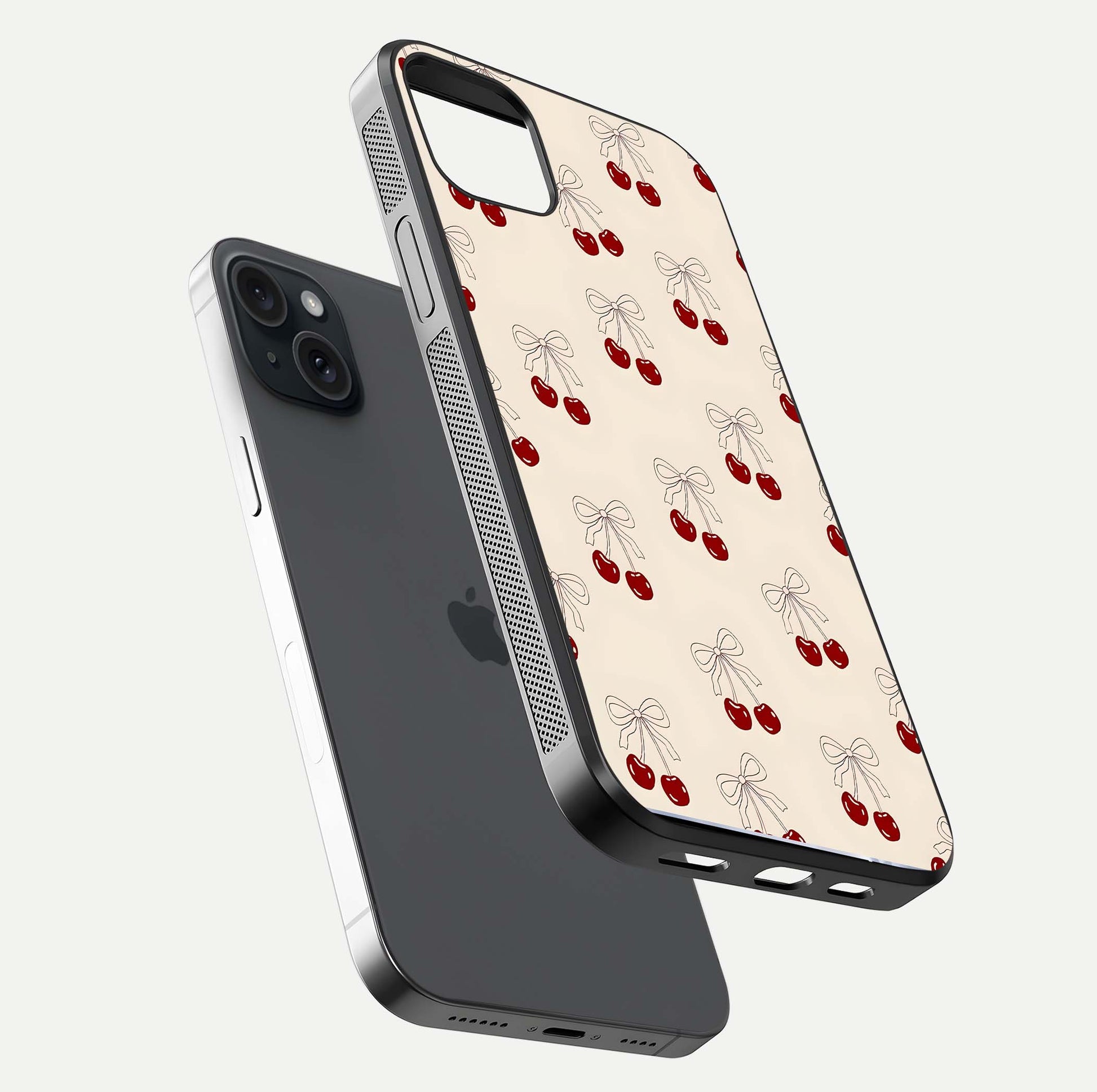 Cute Cherry Pattern Glass Case for iPhone 15 Plus floating mockup showing HD gloss shine and clear tones