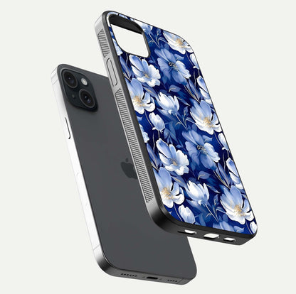 Cute Floral Patterns Glass Case for iPhone 15 Plus floating mockup showing shine depth and design clarity