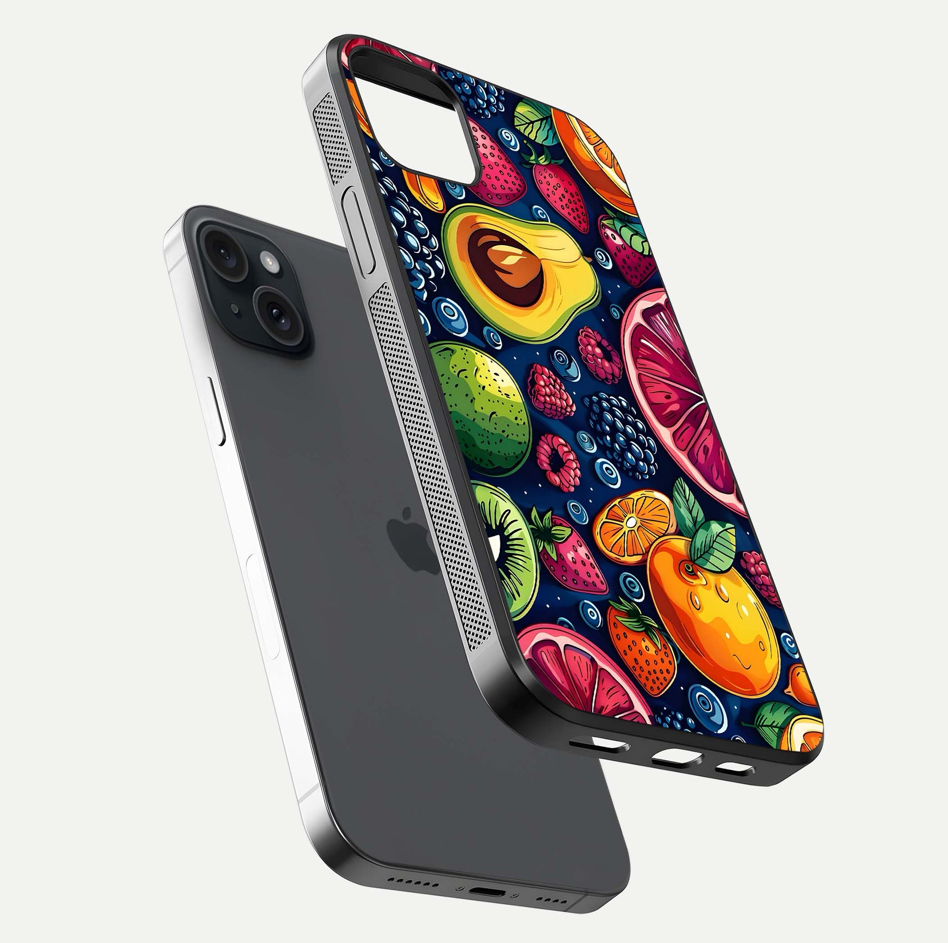 Cute Fruits Art Glass Case for iPhone 15 Plus floating mockup showing gloss brightness and vivid artwork