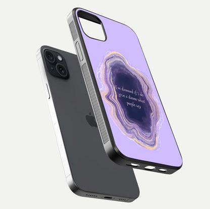 Damned People Quote Glass Case for iPhone 15 Plus floating mockup showing gloss reflection and text balance
