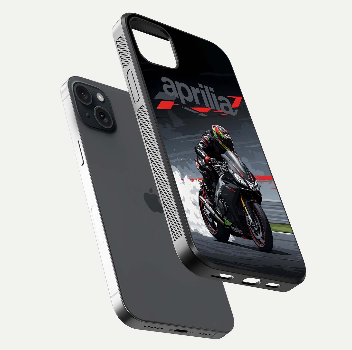 Dark Aprilla Glass Case for iPhone 15 Plus floating mockup showing glossy contrast and texture clarity