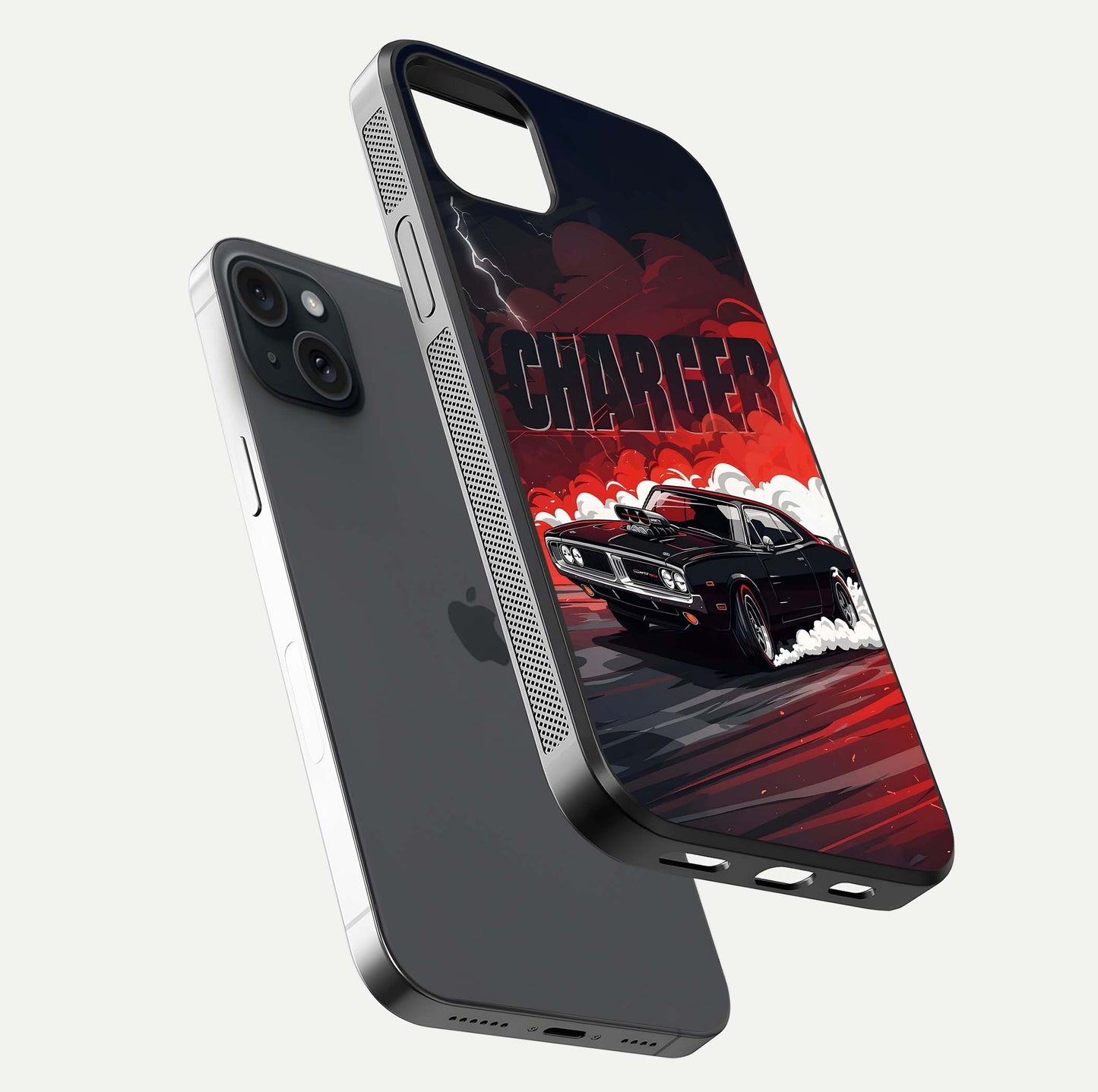 Dark Charger Fury Glass Case for iPhone 15 Plus floating mockup showing reflection depth and shiny surface