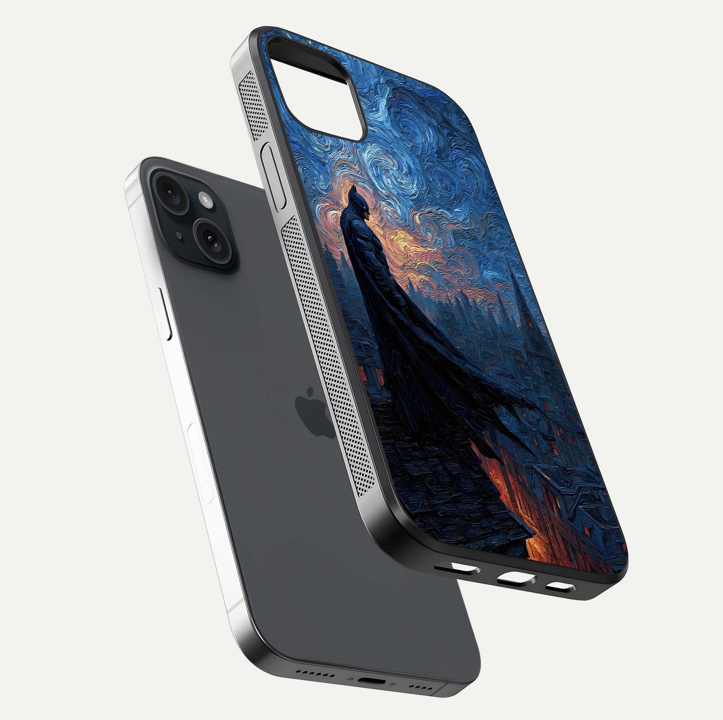 Dark Knight Dusk Glass Case for iPhone 15 Plus floating mockup showing glossy depth and cinematic lighting