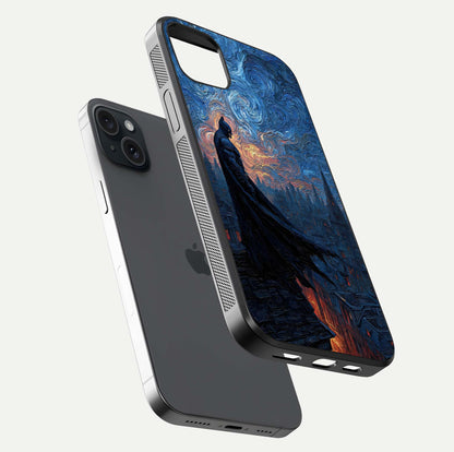 Dark Knight Dusk Glass Case for iPhone 15 Plus floating mockup showing glossy depth and cinematic lighting