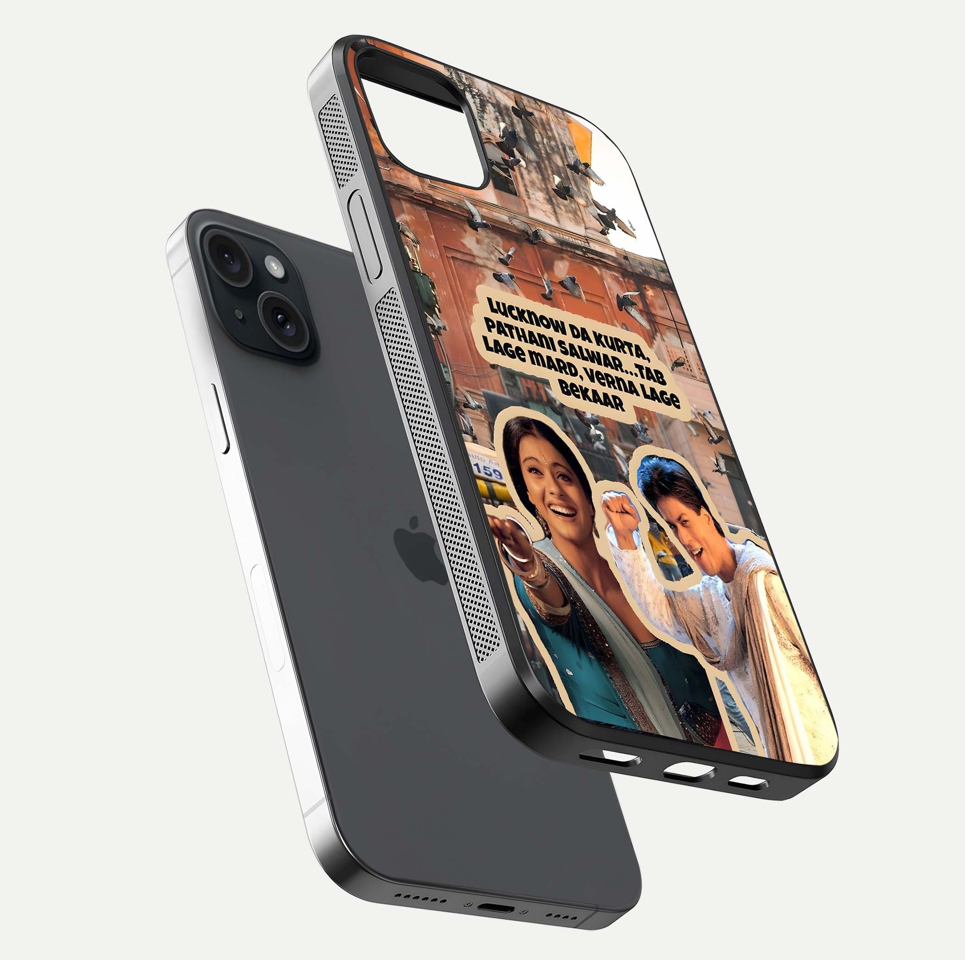 Desi Retro Vibes Glass Case for iPhone 15 Plus floating mockup showing shine polish and vivid tones