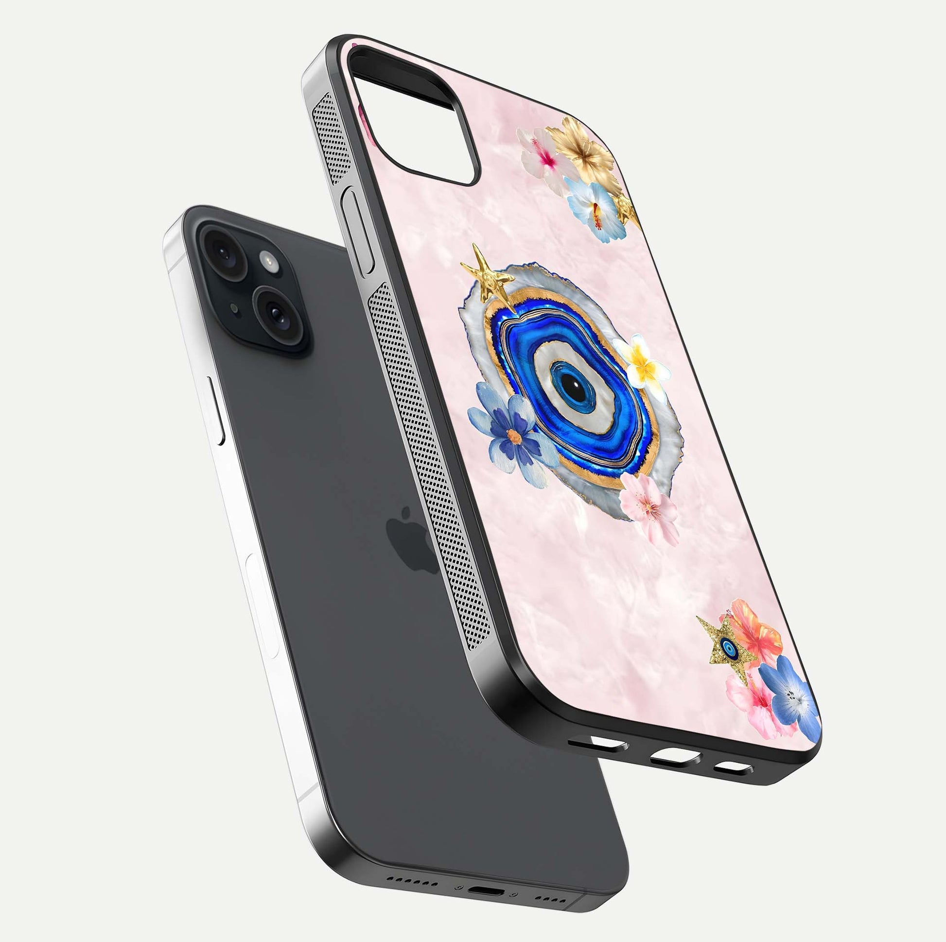 Divine Aura Bloom Glass Case for iPhone 15 Plus floating mockup showing gloss texture and elegant design