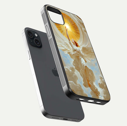 Divine Light Angel Glass Case for iPhone 15 Plus floating mockup showing gloss texture and radiant light