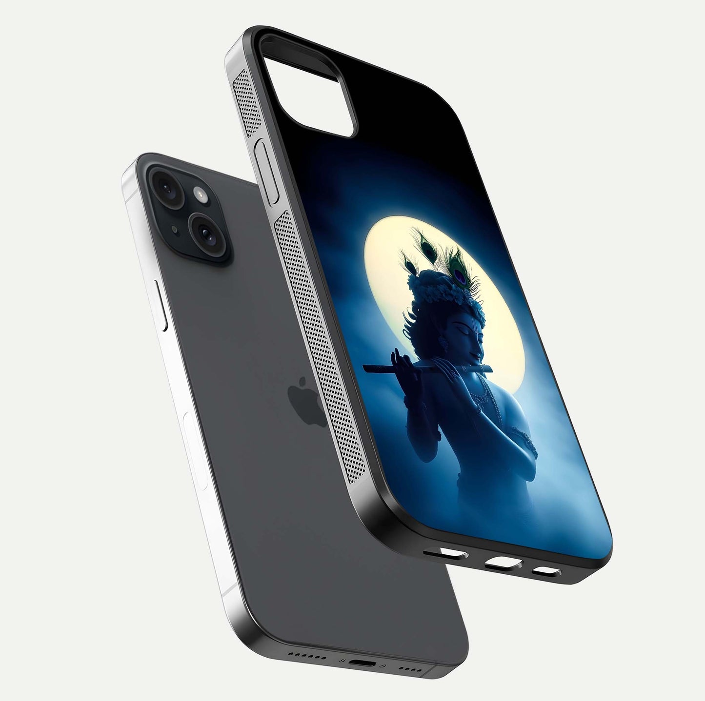 Divine Moon Flute Glass Case for iPhone 15 Plus floating mockup showing HD gloss and luminous texture