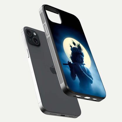 Divine Moon Flute Glass Case for iPhone 15 Plus floating mockup showing HD gloss and luminous texture