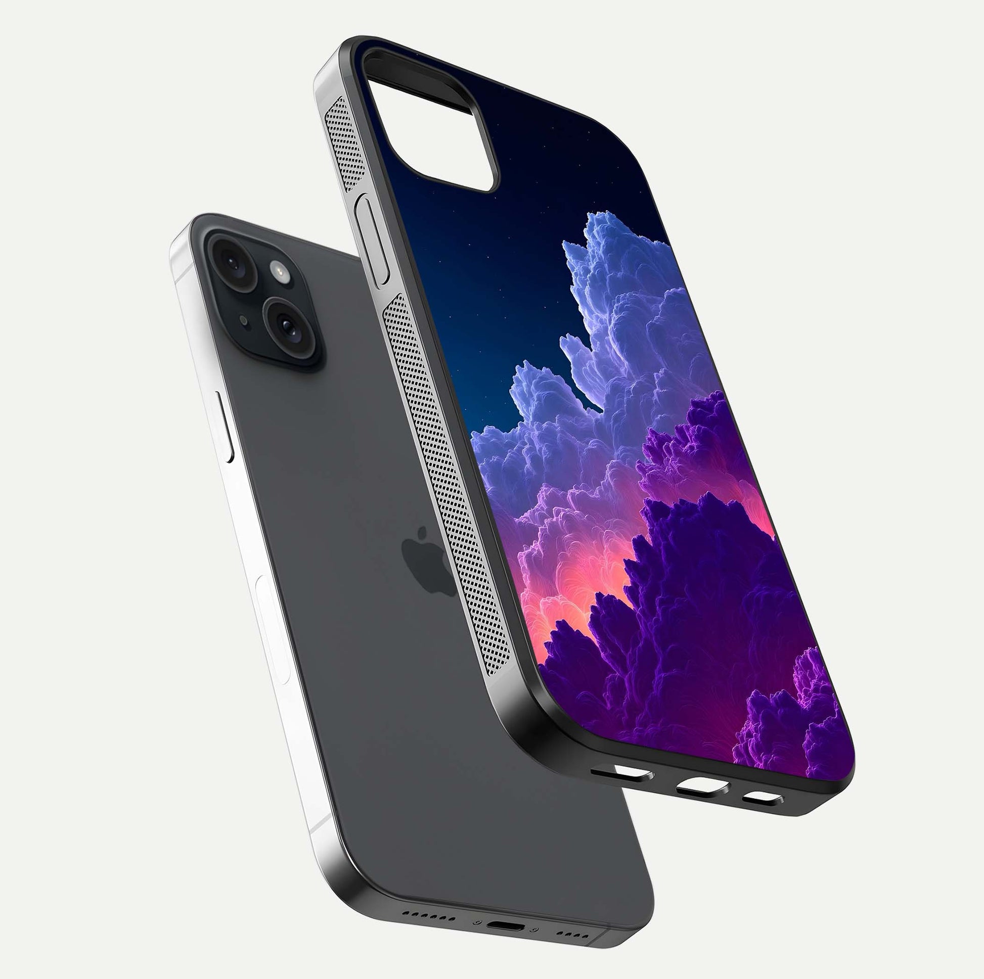 Dreamy Cloud Skies Glass Case for iPhone 15 Plus floating mockup showing glossy depth and delicate tone