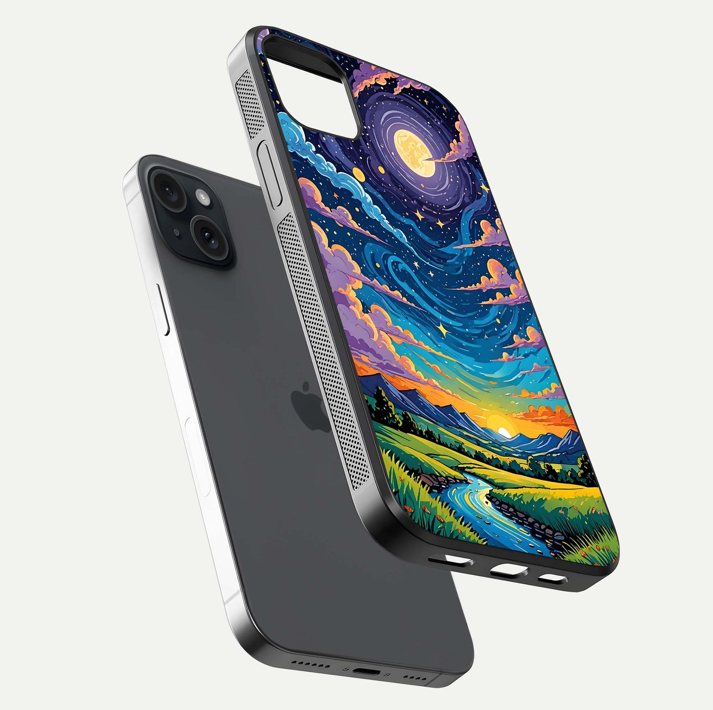 Dreamy Night Landscape Glass Case for iPhone 15 Plus floating mockup showing glossy depth and serene color