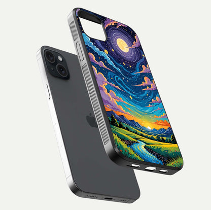 Dreamy Night Landscape Glass Case for iPhone 15 Plus floating mockup showing glossy depth and serene color