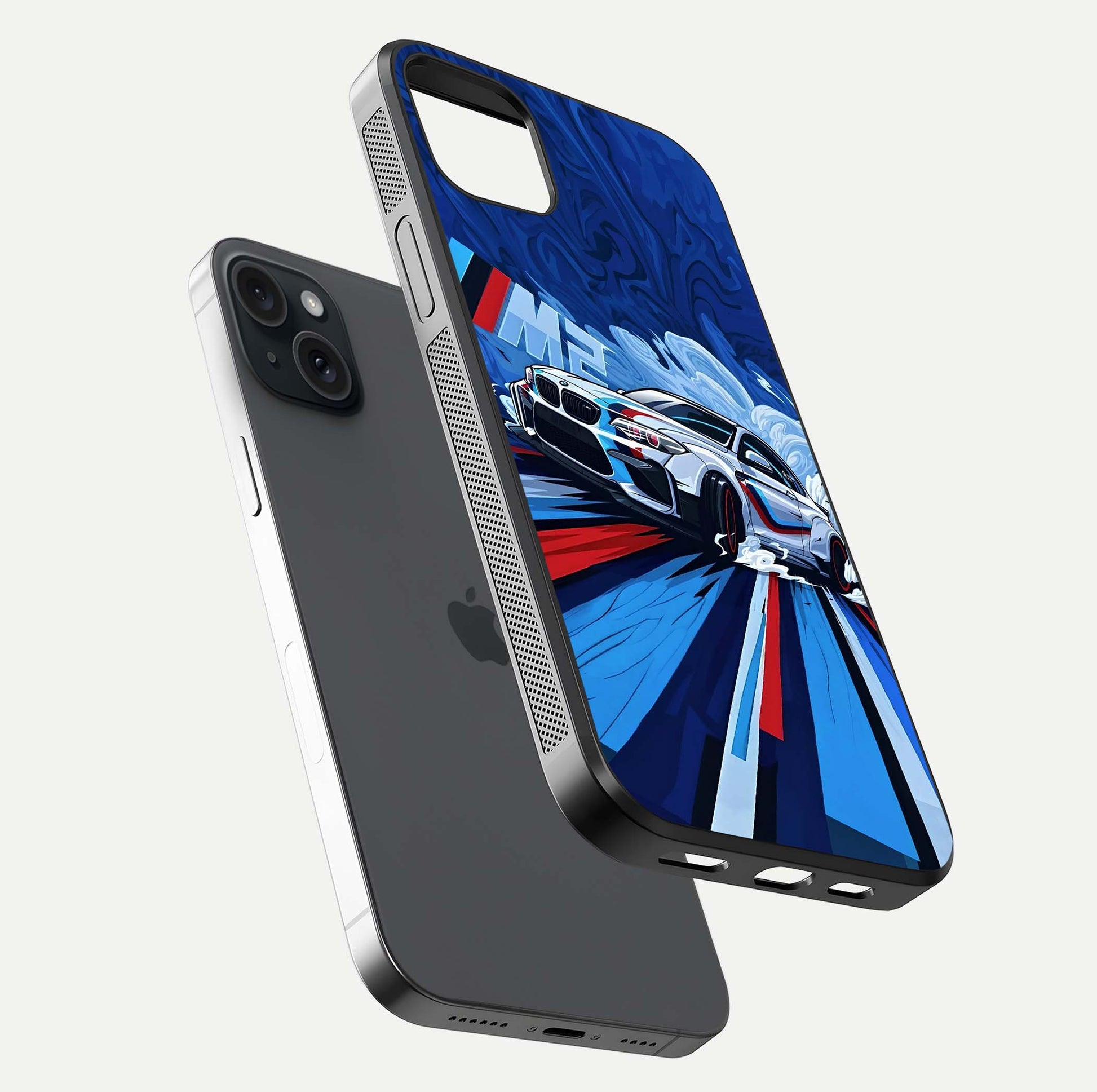 Drift Power Rush Glass Case for iPhone 15 Plus floating mockup showing gloss polish and speed-theme design