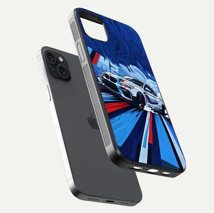 Drift Power Rush Glass Case for iPhone 15 Plus floating mockup showing gloss polish and speed-theme design