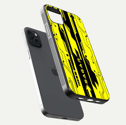 Electric Pulse CYBERPUNK Custom Name Glass Case for iPhone 15 Plus floating mockup showing HD gloss and vibrant cyberpunk glow