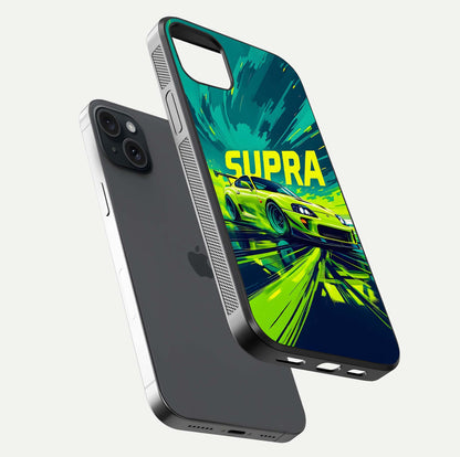 Electric Supra Thunder Glass Case for iPhone 15 Plus floating mockup showing gloss depth and energy glow