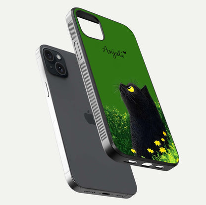 Emerald Cat Custom Name Glass Case for iPhone 15 Plus floating mockup showing HD gloss and soft gradient