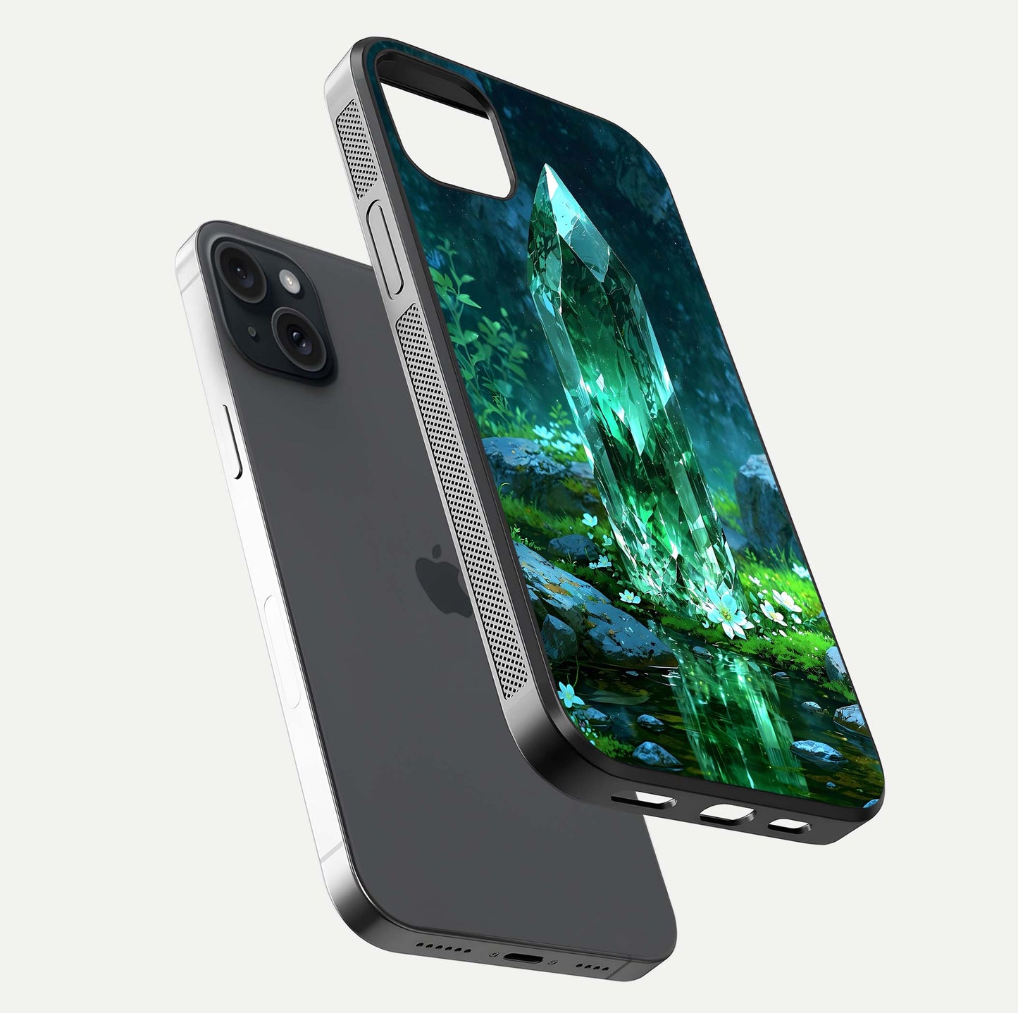 Emerald Light Crystal Glass Case for iPhone 15 Plus floating mockup showing glossy finish and radiant light pattern