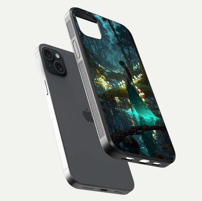 Enchanted Forest Glow Glass Case for iPhone 15 Plus floating mockup showing gloss polish and fantasy vibe