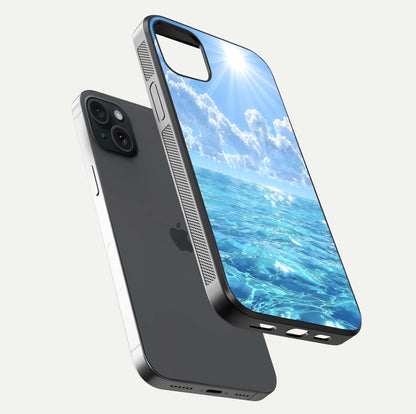 Endless Ocean Horizon Glass Case for iPhone 15 Plus floating mockup showing HD gloss and tranquil color