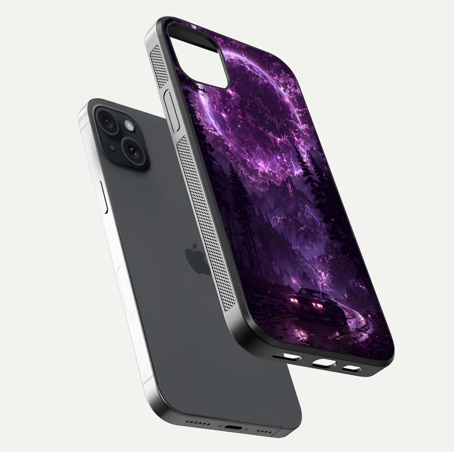 Eternal Cosmic Drive Glass Case for iPhone 15 Plus floating mockup showing glossy polish and vivid glow