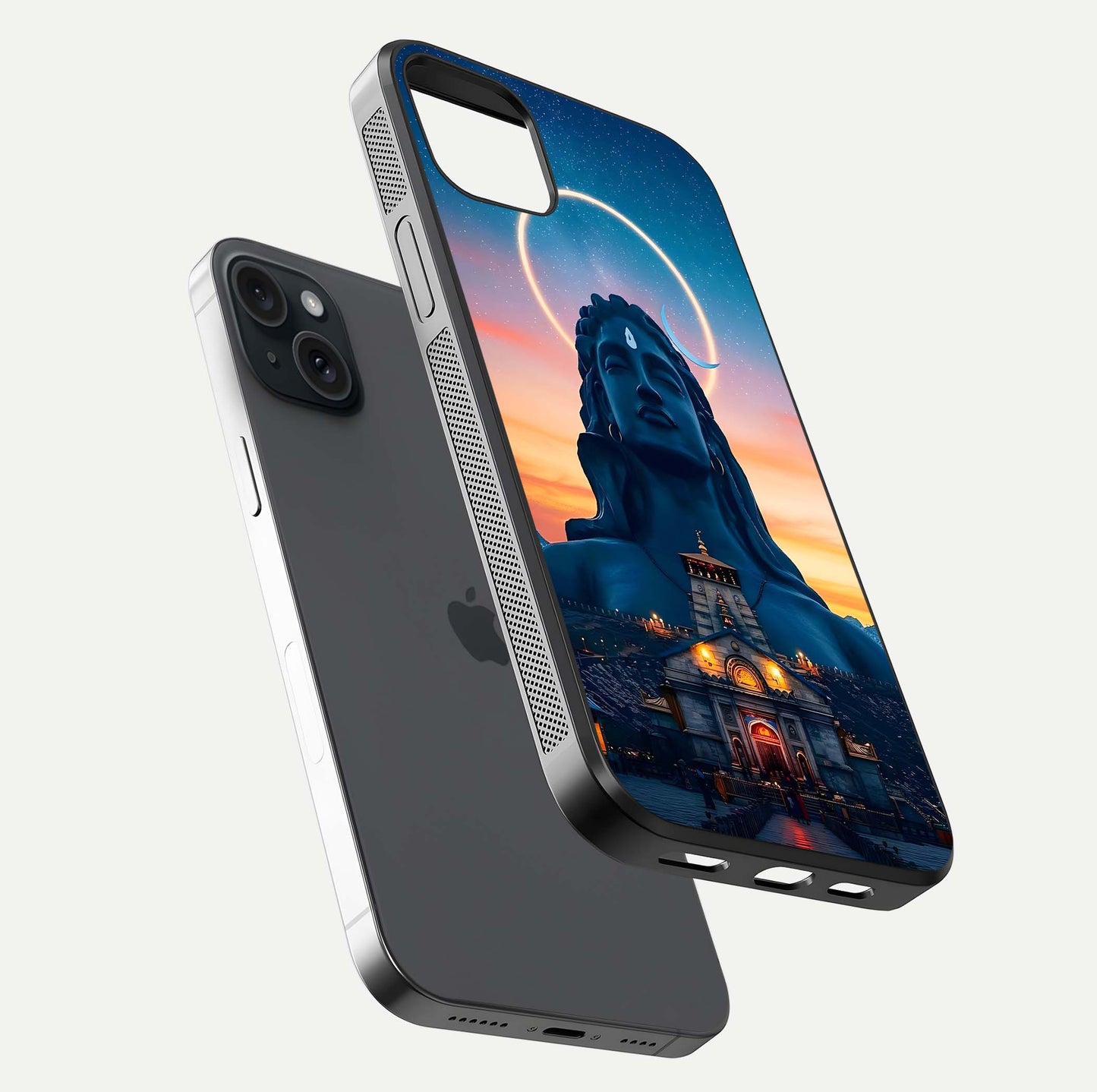Eternal Shiva Aura Glass Case for iPhone 15 Plus floating mockup showing gloss texture and spiritual glow