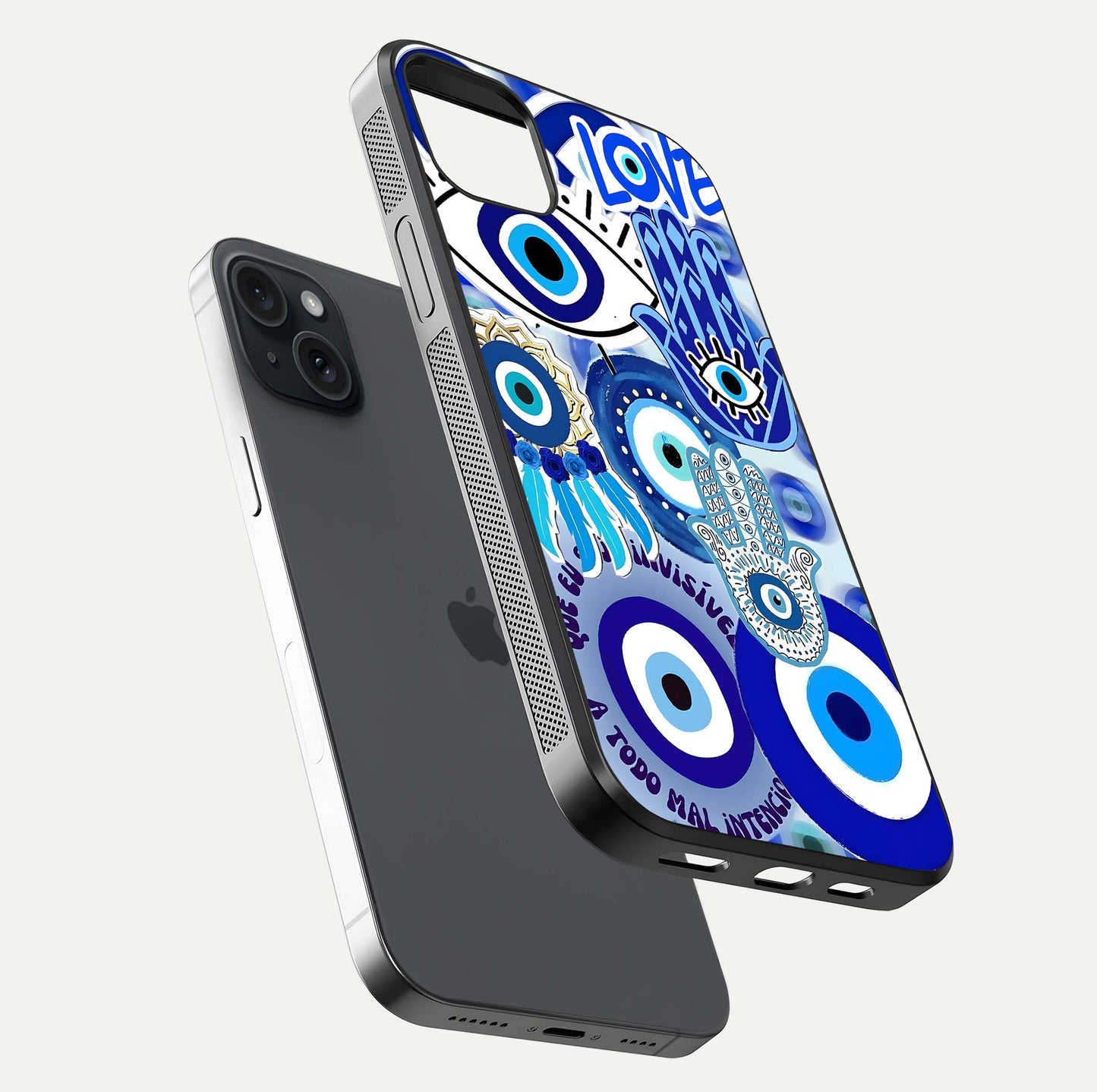 Evil Eyes Dream Glass Case for iPhone 15 Plus floating mockup showing glossy shine and elegant pattern clarity