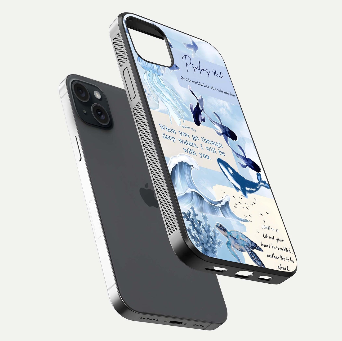Faithful Ocean Promise Glass Case for iPhone 15 Plus floating mockup displaying glossy surface and vivid depth