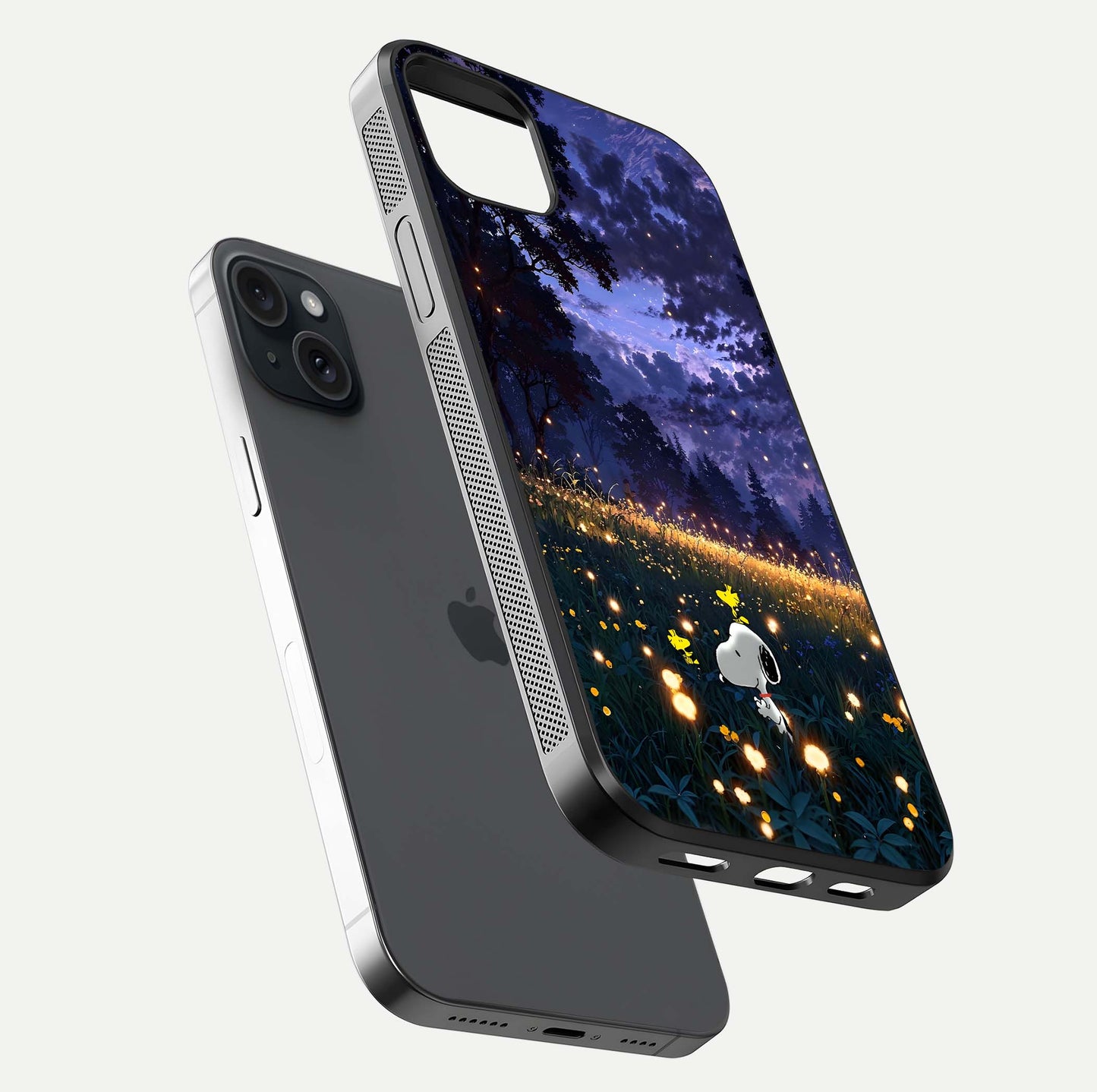 Firefly Meadow Magic Glass Case for iPhone 15 Plus floating mockup showing gloss polish and magical night hues