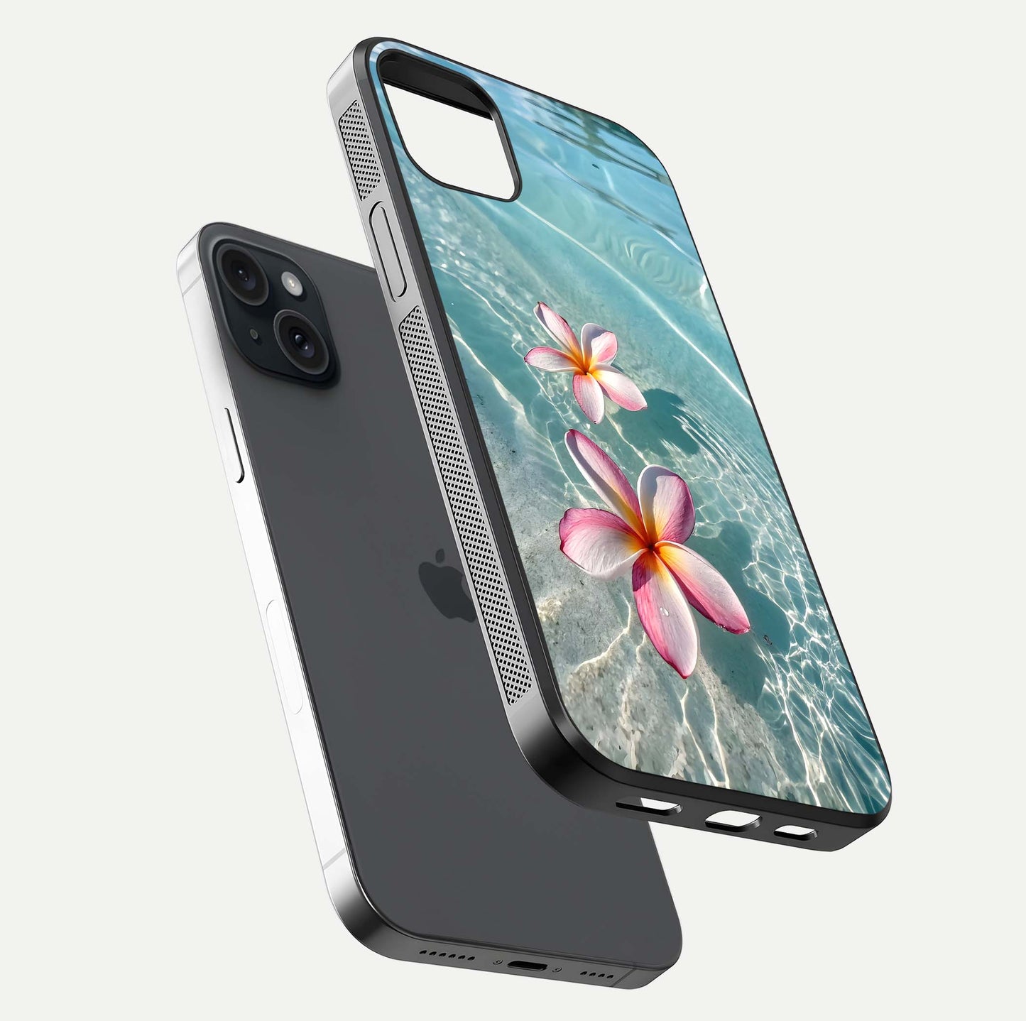Floating Bloom Bliss Glass Case for iPhone 15 Plus floating mockup showing HD gloss shine and floral texture