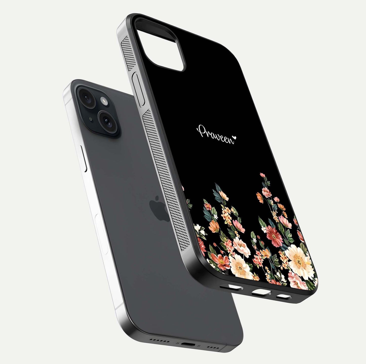 Floral Design Personalized Custom Name Glass Case for iPhone 15 Plus floating mockup showing reflection polish and vivid colors