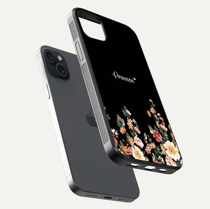 Floral Design Personalized Custom Name Glass Case for iPhone 15 Plus floating mockup showing reflection polish and vivid colors