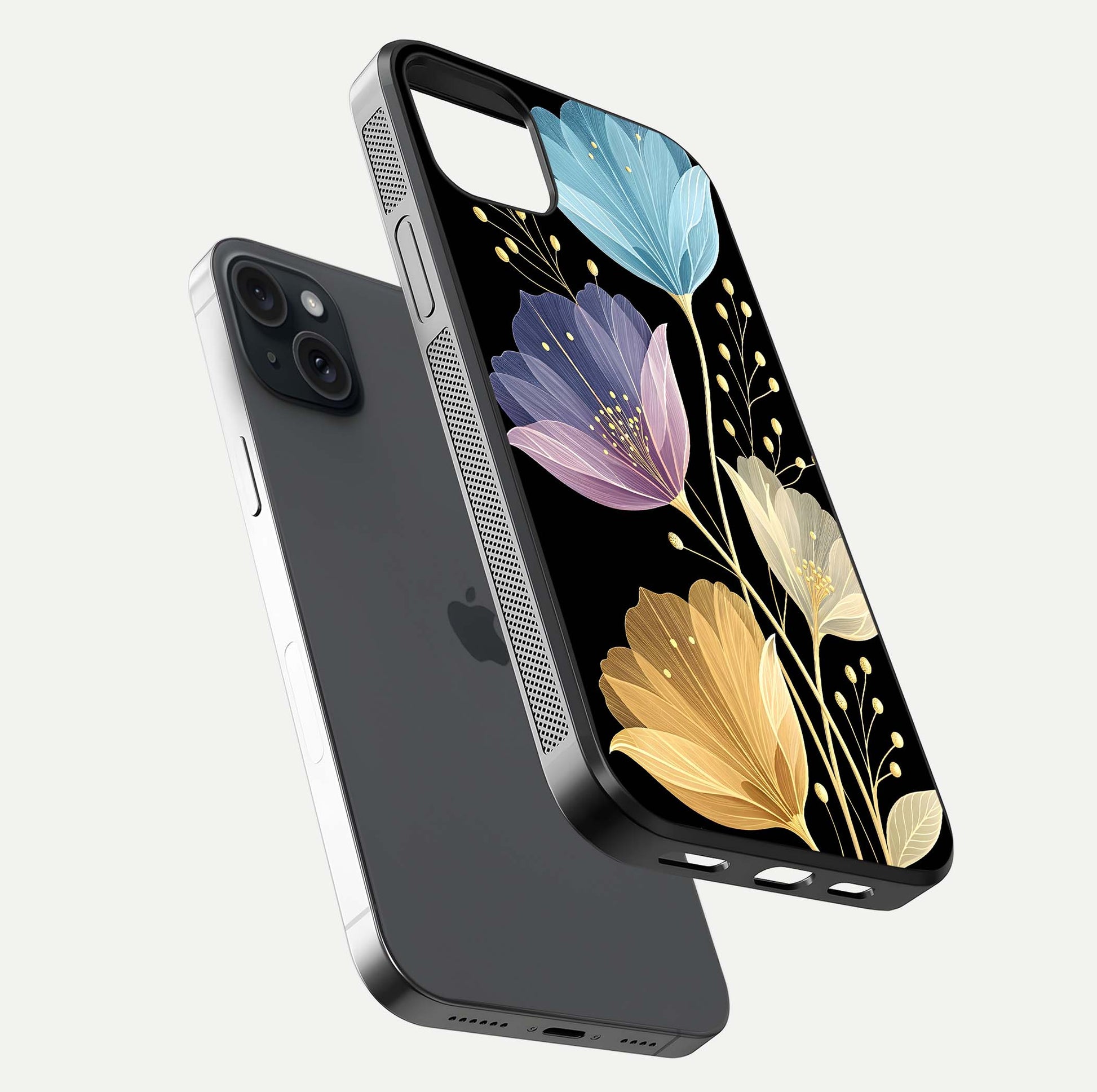 Flower Bloom Glow Glass Case for iPhone 15 Plus floating mockup showing HD shine and artistic detail