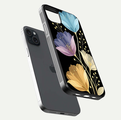 Flower Bloom Glow Glass Case for iPhone 15 Plus floating mockup showing HD shine and artistic detail