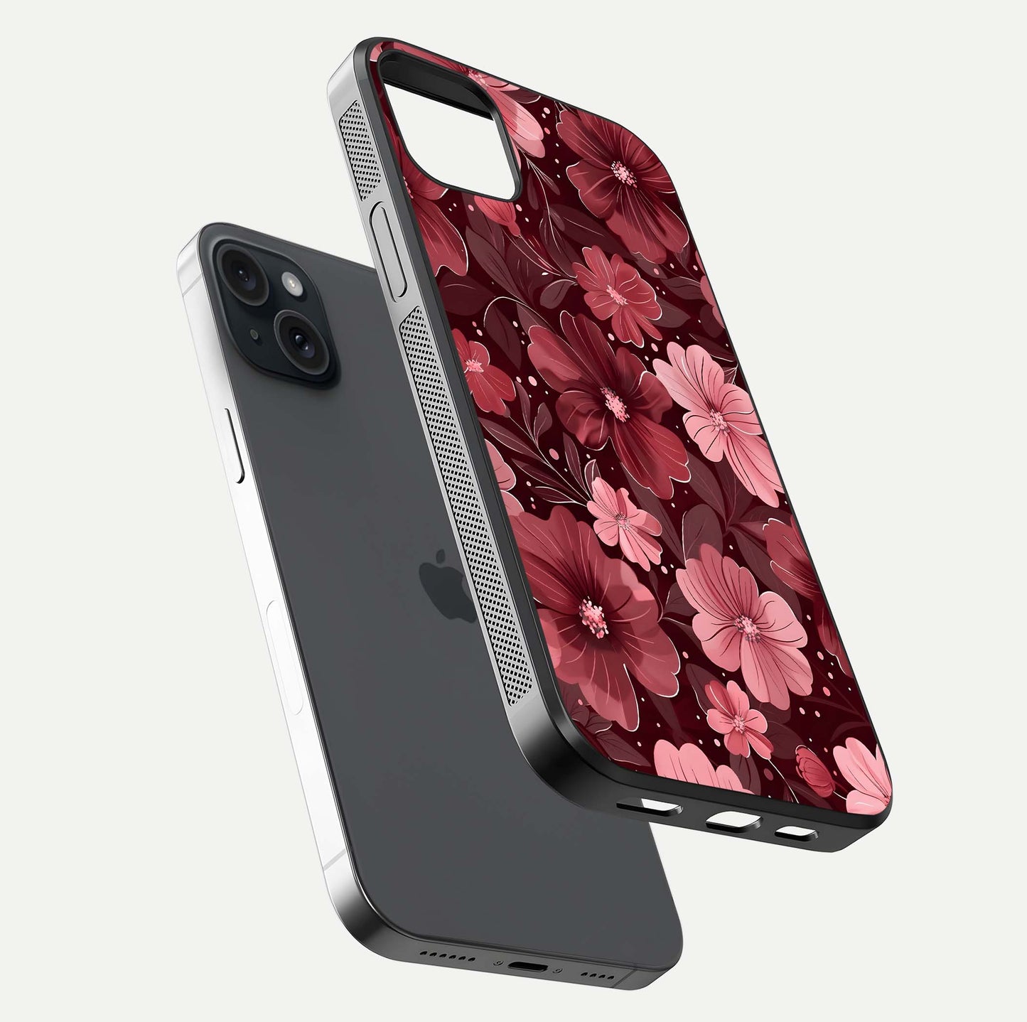Flower Blush Bloom Glass Case for iPhone 15 Plus floating mockup showing shine polish and elegant look