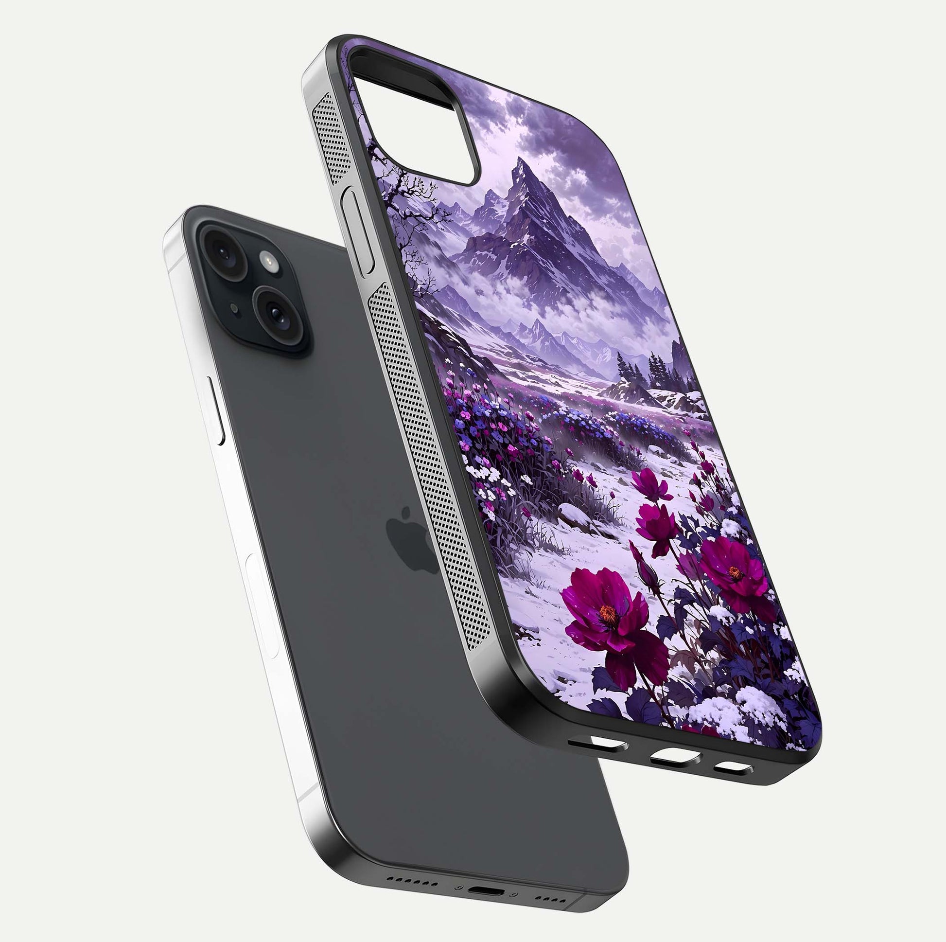 Flower Mountain View Glass Case for iPhone 15 Plus floating mockup showing reflection glow and artistic clarity