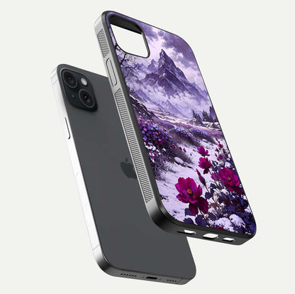 Flower Mountain View Glass Case for iPhone 15 Plus floating mockup showing reflection glow and artistic clarity
