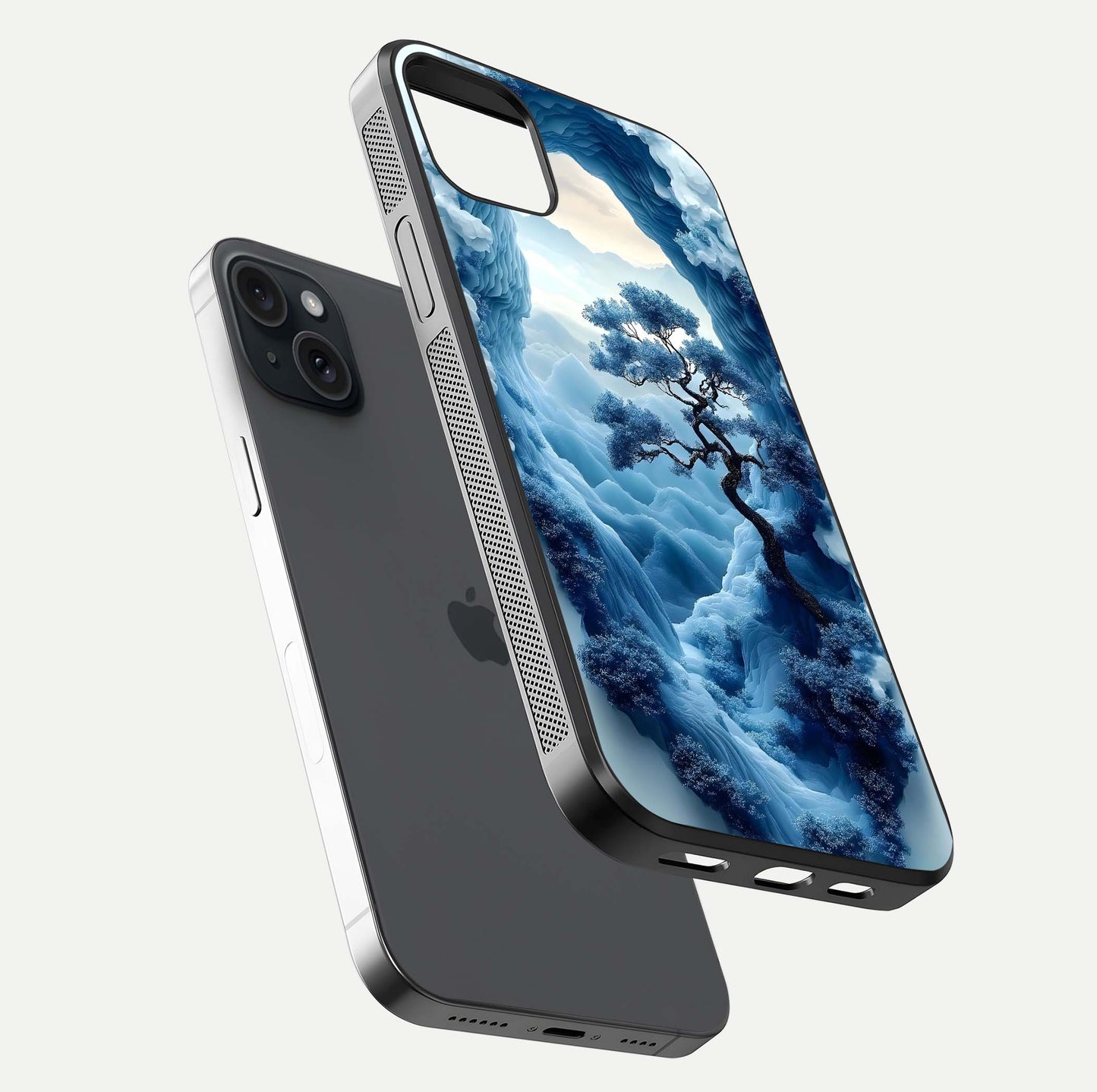 Frozen Serenity Gate Glass Case for iPhone 15 Plus floating mockup showing glossy depth and crystal glow