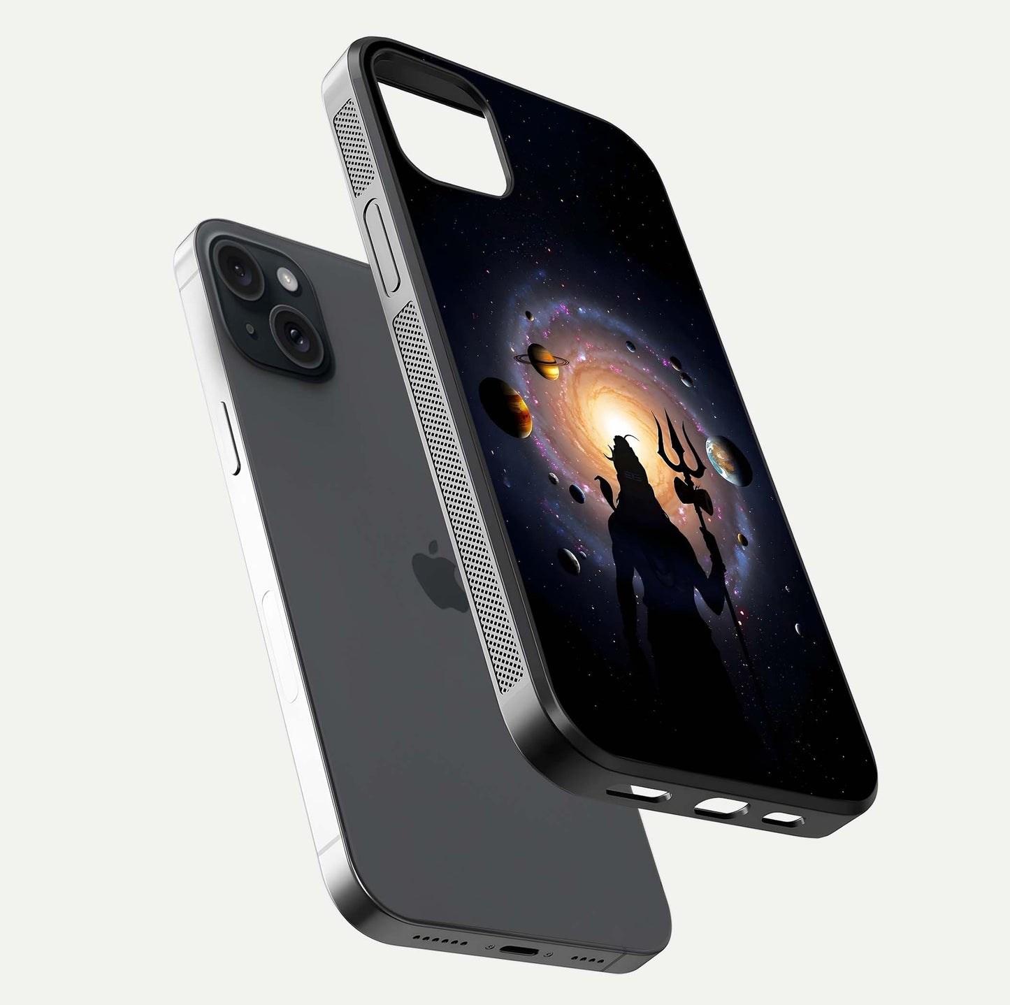 Galactic Shiva Vision Glass Case for iPhone 15 Plus floating dual-view mockup displaying vibrant cosmic colors and smooth gloss texture