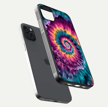 Galactic Spiral Burst Glass Case for iPhone 15 Plus floating dual-view mockup displaying light trails and smooth gloss shine