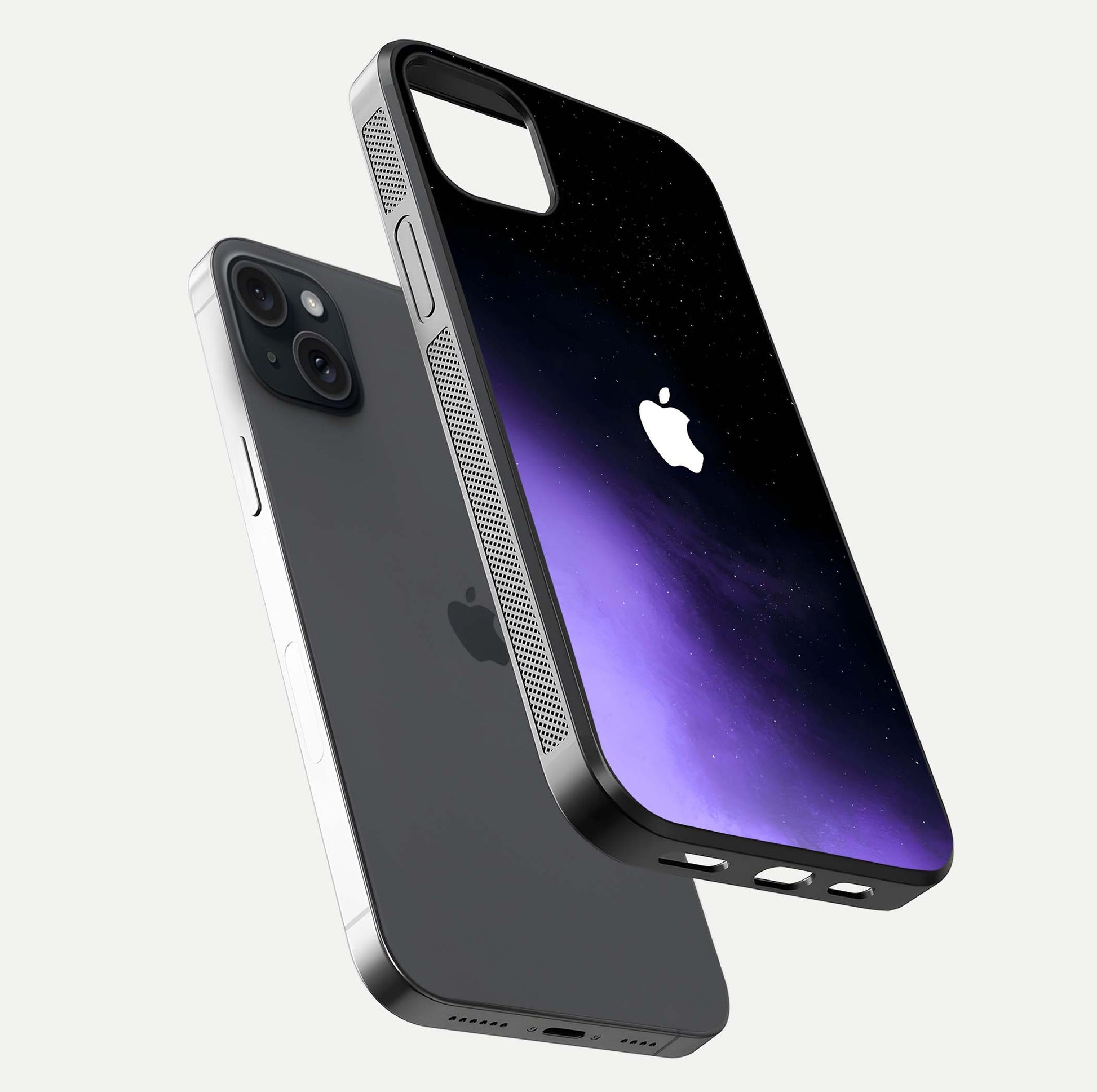 Galaxy Apple Aura Glass Case for iPhone 15 Plus floating dual-view mockup highlighting HD gloss and deep space color blend