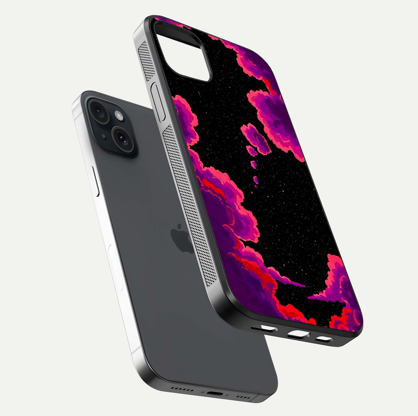 Galaxy Dream Frame Glass Case for iPhone 15 Plus floating dual-view mockup showing vibrant gloss and space-themed tones